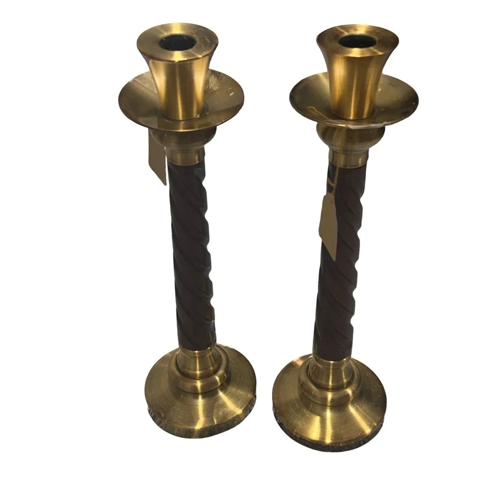 Vintage Brass and Barley Twist Wood Taper Candlestick Holders Pair 9 Inch